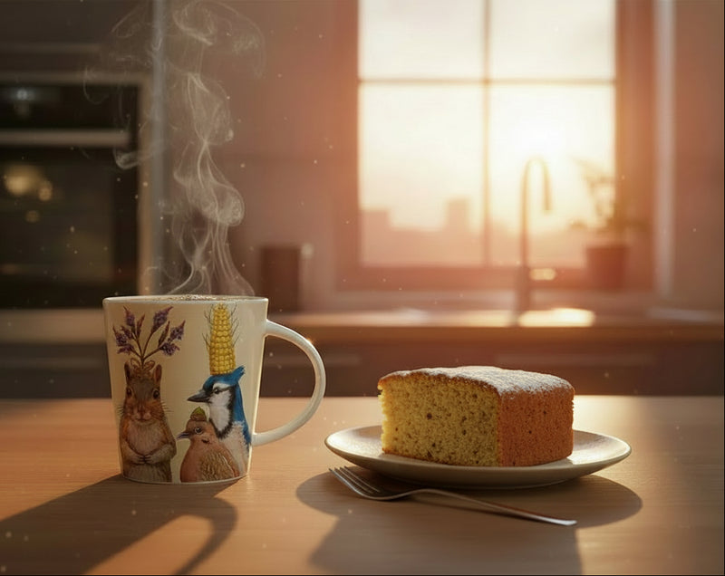 Steaming mug with animal designs next to a slice of cake on a kitchen counter.