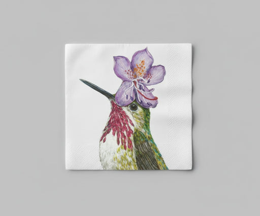 Napkin with a colorful illustration of a hummingbird with a purple petal for a hat; beverage size