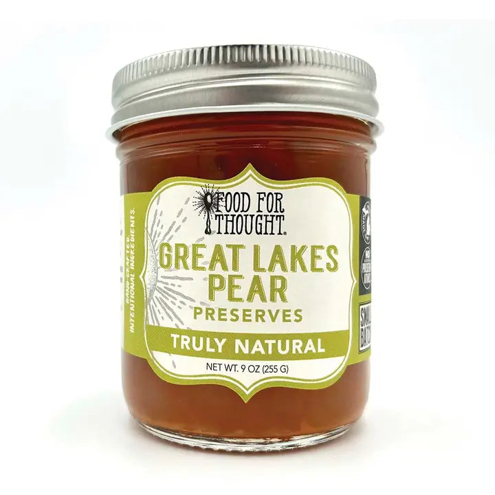 Jar of Great Lakes Pear Preserves with a 'Food for Thought' label on a white background