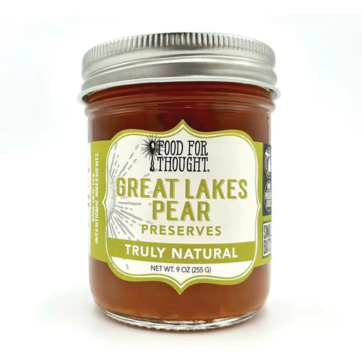 Jar of Great Lakes Pear Preserves with a 'Food for Thought' label on a white background