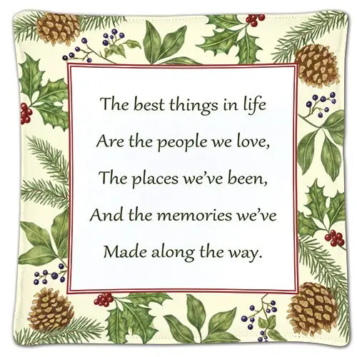 Hot pad with a verse about the best things in life surrounded by a border of winter greenery on a white background