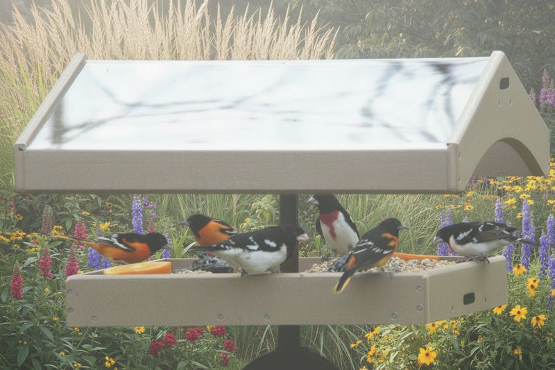 Birds perched on a bird feeder with a natural background