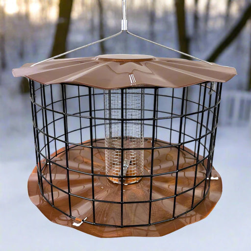Hanging bird feeder with wire cage on a winter background