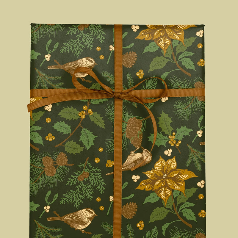 Recyclable Double-sided Gift Wrap Yuletide Chickadee - Black & Mustard
black side