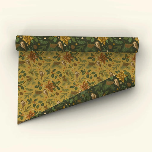 Recyclable Double-sided Gift Wrap Yuletide Chickadee - Black & Mustard