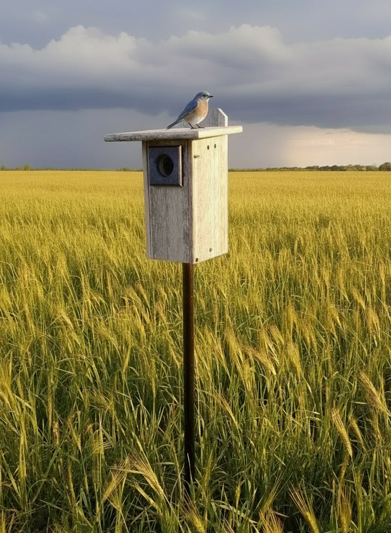 Birdhouse with a bluebird perched on top in a field