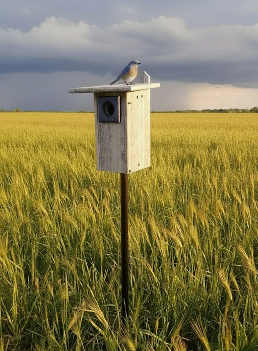 Birdhouse with a bluebird perched on top in a field