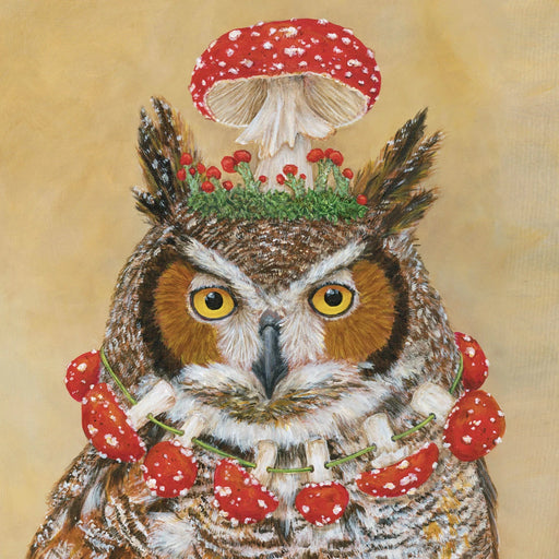 Owl with a red mushroom on its head and red berries around, on a beige background