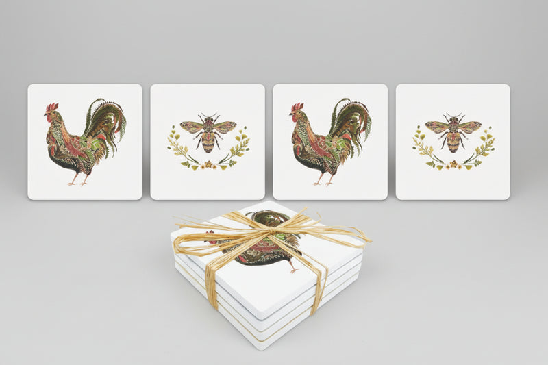 Dolomite Coaster Set - Provencal Floral Rooster and Bee
The four coaster you get and how they comp packaged in raffia. 