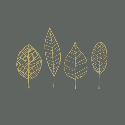 Four gold leaf illustrations on a dark gray napkin