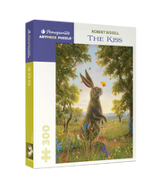 Pomegranate Artpiece Puzzle box featuring a rabbit illustration titled 'The Kiss' by Robert Bissell.