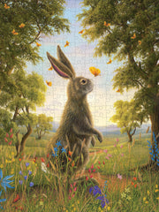Jigsaw puzzle with a rabbit in a forest scene, surrounded by trees and flowers, getting a kiss on the nose by a butterfly.