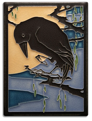 Decorative tile with a stylized illustration of a raven perched on a branch over water.
