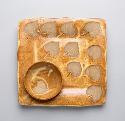 Square Embossed Stoneware Platter with Bowl - Eastern Redbud