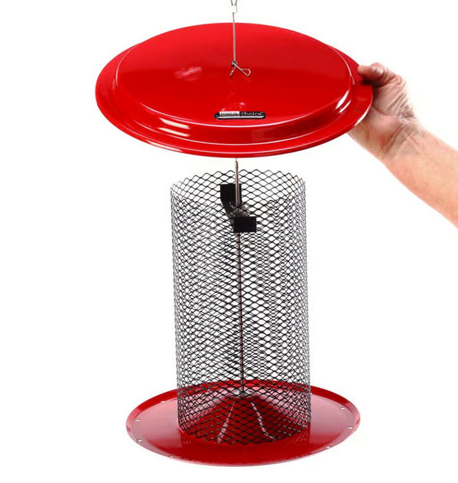 Magnet Mesh Hanging Bird Feeder for Sunflower in Red - lid lifts off