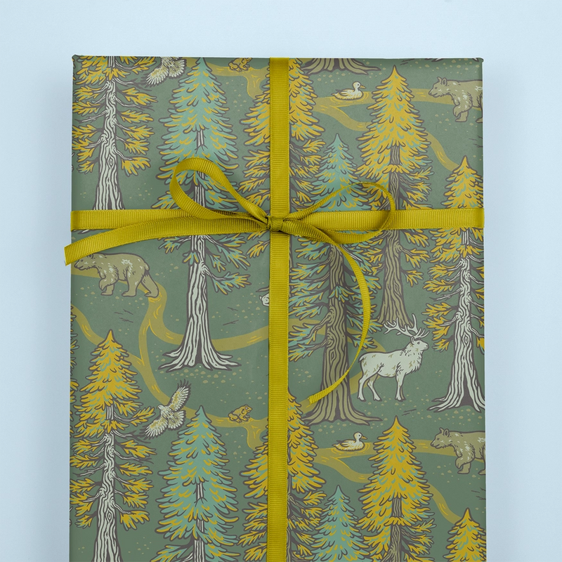 Recyclable Gift Wrap / Double-Sided Wrapping Paper: Redwoods- RIbbon not included