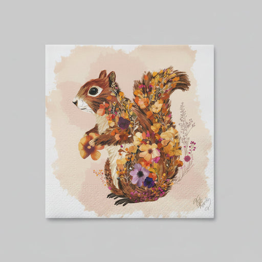 Whimsical image of a squirrel with pale flowers covering his fur and entwined in his tail