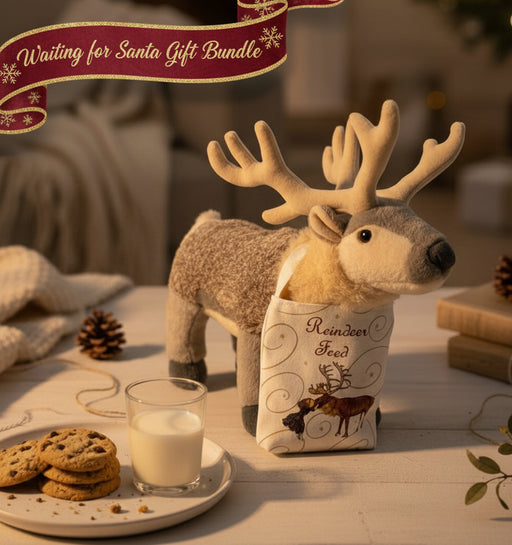 Toy reindeer with a 'Reindeer Feed' bag on a table with cookies and milk, Christmas-themed text above.