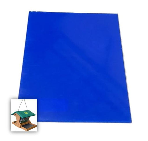 replacement window wrapped in protective blue plastic with a small photo inset showing a wooden bird  feeder.   