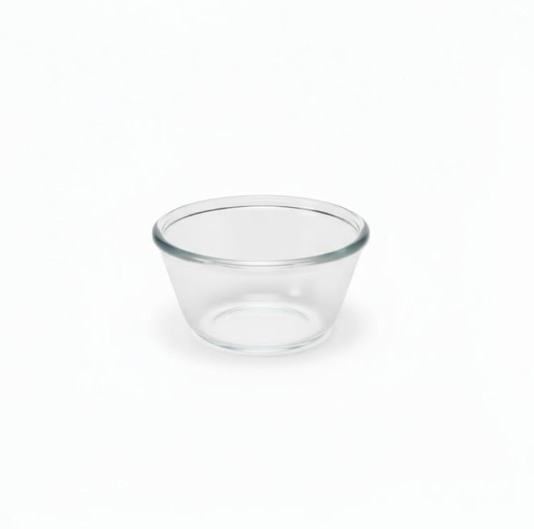 Clear glass dish on a white background