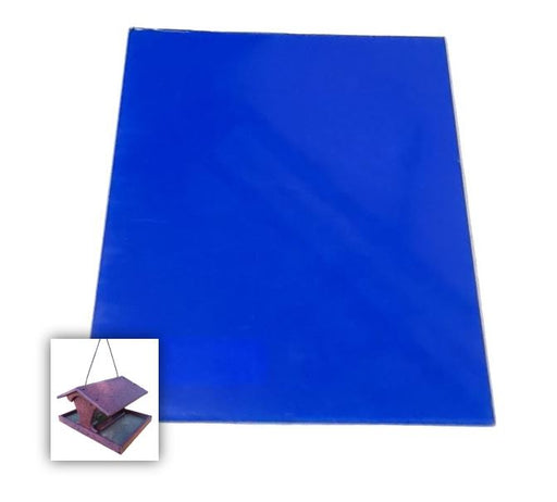 Acrylic replacement window for dinette feeder wrapped in blue plastic with a smaller picture of bird feeder window works with