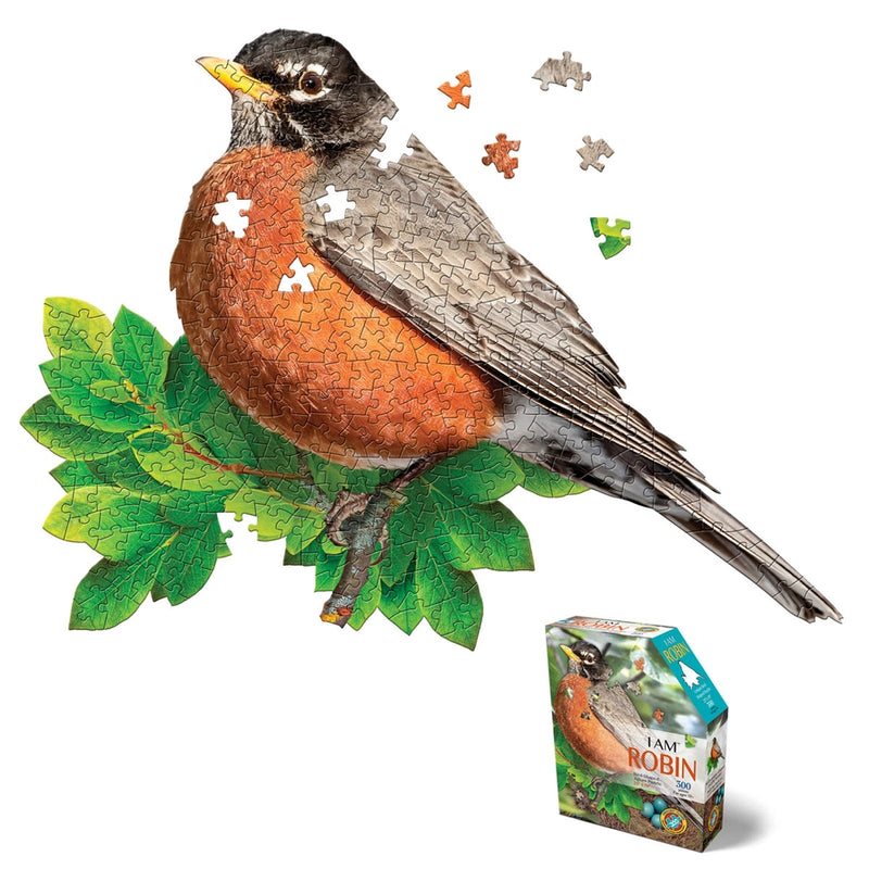 Puzzle of a robin perched on a branch against a white background