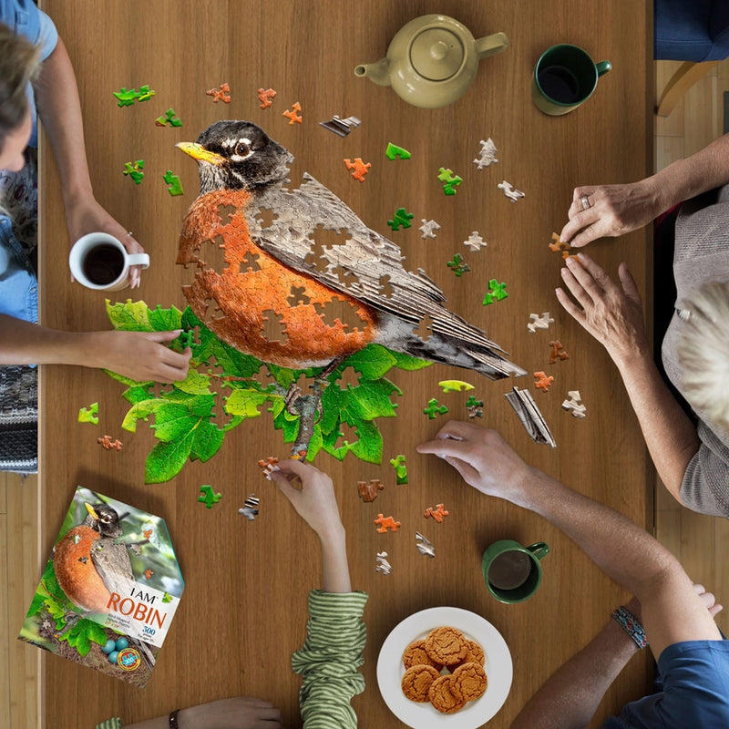 family working on a puzzle of a North American Robin