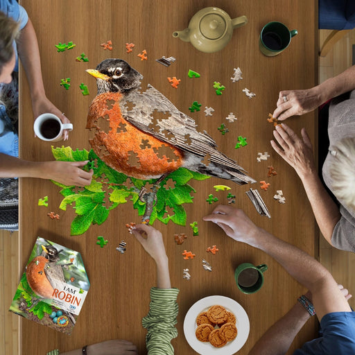 family working on a puzzle of a North American Robin