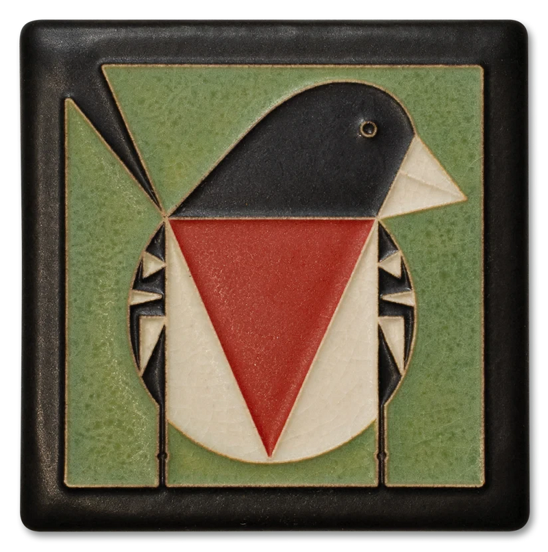 Decorative tile with geometric rose breasted grosbeak design on a green background
