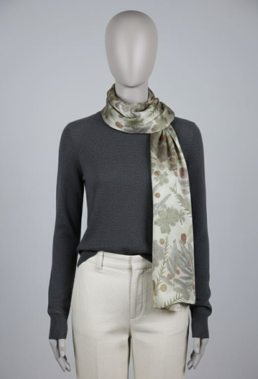 Mannequin wearing a dark gray sweater and light-colored pants with a floral-patterned scarf.