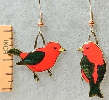 Scarlet Tanager Earrings with ruler for scale