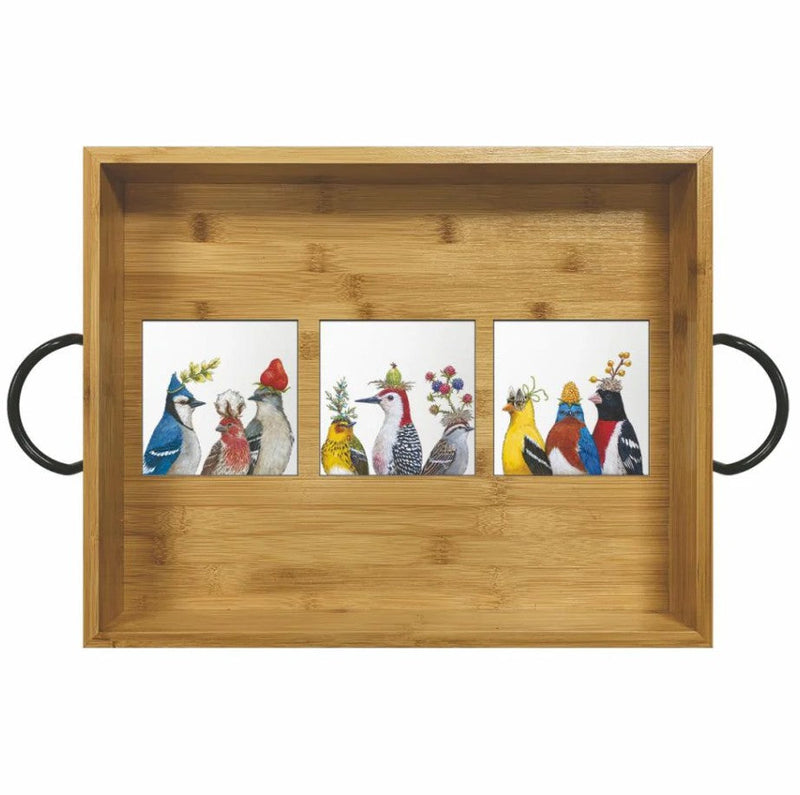 Wooden serving tray with metal handles and ceramic inlayed tiles with bird pictures on them