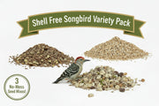 Shell Free Songbird Variety 3 Pack Seed Mix that includes Woodpecker favorite, Just the Meats, and Fine Sunflower chips bird seed  mixes.