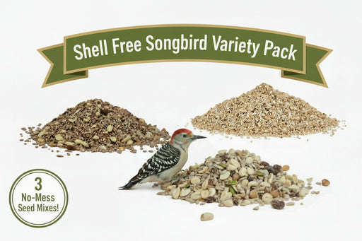 Shell Free Songbird Variety 3 Pack Seed Mix that includes Woodpecker favorite, Just the Meats, and Fine Sunflower chips bird seed  mixes.