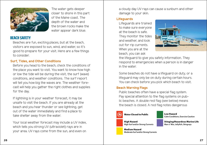 Page from a book about beach safety and lifeguard services with text and images.