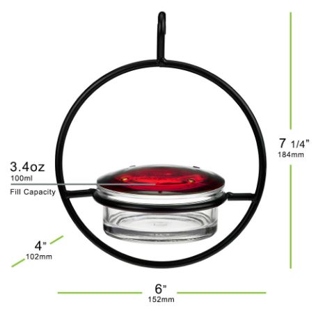 Hummble Slim Hanging Sphere Hummingbird Feeder with Black Frame with dimensions