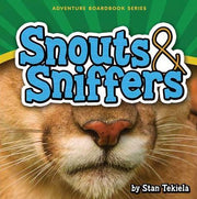 Book cover of 'Snouts & Sniffers' with a close-up of a cat's face and green background.