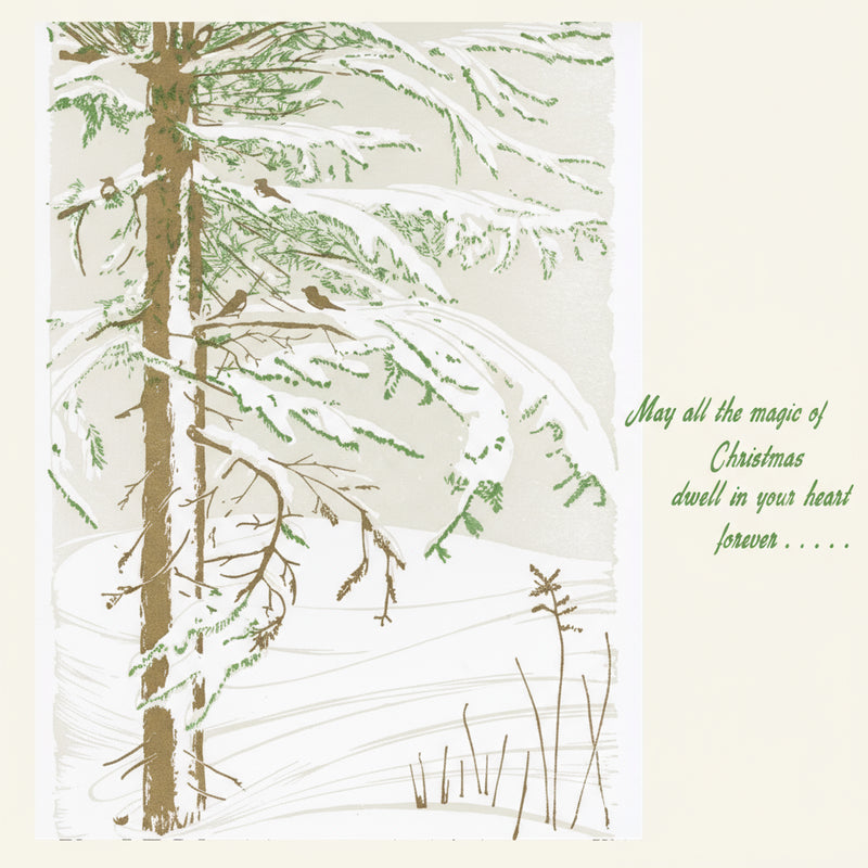 Christmas card with snowy trees and a message on a white background
