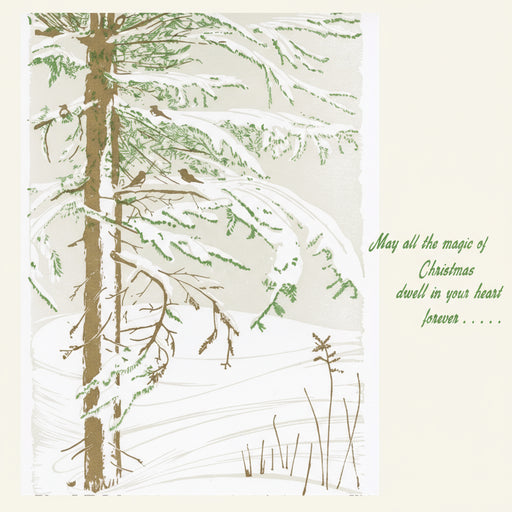Christmas card with snowy trees and a message on a white background