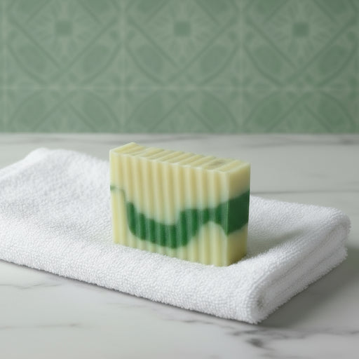 Bar of soap with green and white stripes on a white wash cloth