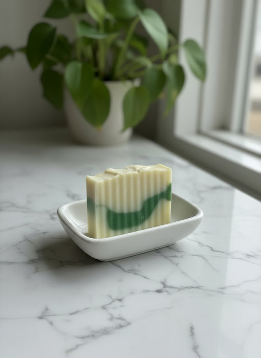 Bar of soap on a white dish with a plant in the background