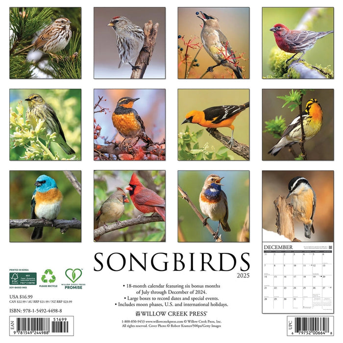 Songbirds 2025 Wall Calendar back cover