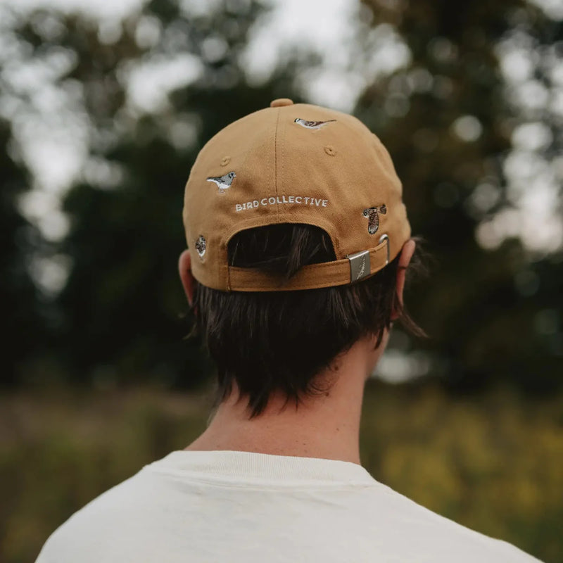 Sparrow Hat - Person wearing a tan cap with 'Bird Collective' branding, facing away from the camera with a blurred natural background.