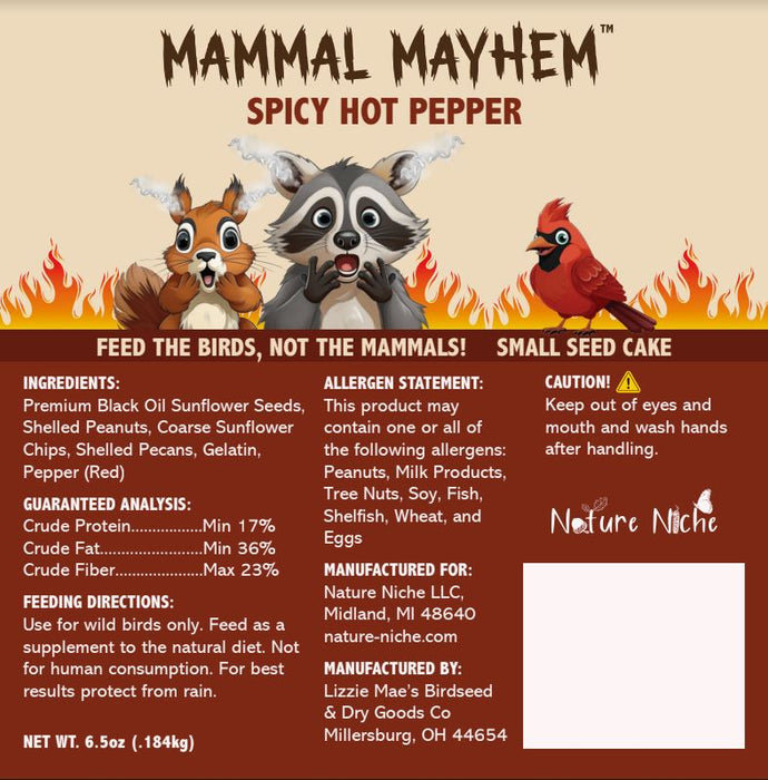 Tail Prop Suet Feeder and Spicy Small Cake Variety 3-Pack + FREE SMALL CAKE
-Mammal Mayhem Spicy Small Seed Cake - nutrition and ingredients