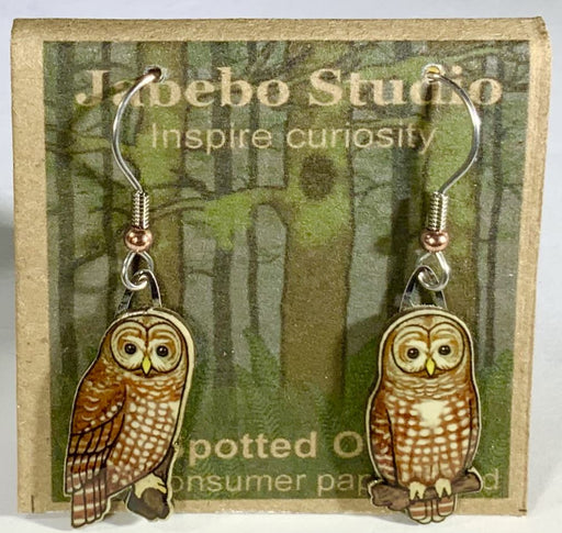 Spotted Owl Earrings with packaging