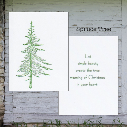 cards with a green spruce tree linocut illustration and text that reads: Let simple beauty create the true meaning of Christmas in your heart 