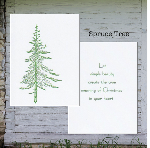 cards with a green spruce tree linocut illustration and text that reads: Let simple beauty create the true meaning of Christmas in your heart 