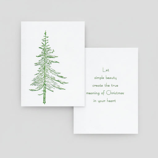 cards with a green spruce tree linocut illustration and text that reads: Let simple beauty create the true meaning of Christmas in your heart 