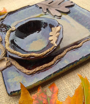 Square Stoneware Platter with Small Bowl - White Oak Leaf - close up of glaze