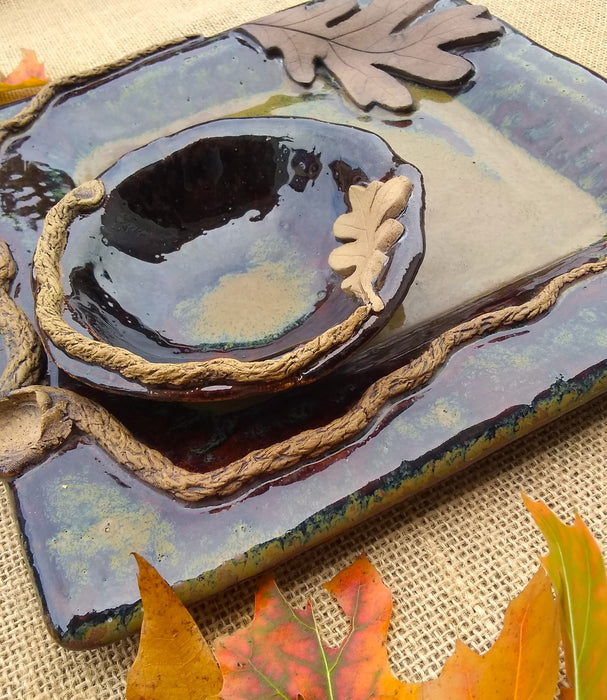 Square Stoneware Platter with Small Bowl - White Oak Leaf - close up of glaze